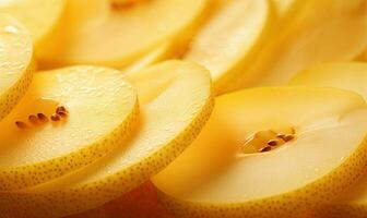 Close-up of vibrant yellow pear slices. Created by AI photo