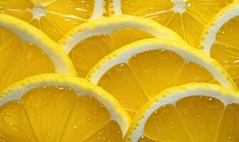 Macro shot of sliced lemons with glistening water droplets. AI Generative photo