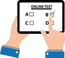 man holding tablet in hands icon. takes part in online test sign. finger touching screen filling in the questionnaire. quiz on mobile device symbol. flat style. vector