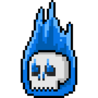 Pixel art cartoon blue fire skull head png