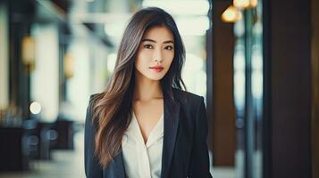 AI generative, asian businesswoman in front of blurred office scenery photo