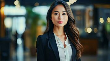 AI generative, asian businesswoman in front of blurred office scenery photo