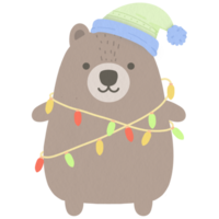 Winter teddy bear with festive lights png