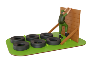 Heer Ausbildung 3d Illustration. Militär- Ausbildung im das Lager. Soldat Klettern Über ein Hindernis png