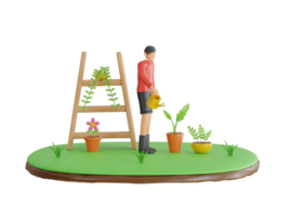 3d ilustração do homem rega plantas. cara com rega latas dentro casa jardim, plantas e flores 3d ilustração png