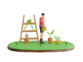 3d illustration av man vattning växter. kille med vattning burkar i Hem trädgård, växter och blommor. 3d illustration png