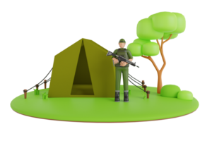 3d illustrazione di soldato con un' pistola è proteggere militare base. soldato nel uniforme, esercito campo, militare tenda png