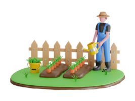 3d ilustração do agricultor rega cenoura legumes. homem rega plantas dentro a jardim. 3d ilustração png