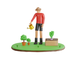3d ilustración de hombre riego plantas. jardinería o horticultura concepto. chico con riego latas en hogar jardín, plantas y flores png