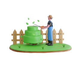 3d illustratie van tuinman trimmen bomen in tuin. tuinman trimmen groen boom en struik met scharen. 3d illustratie png