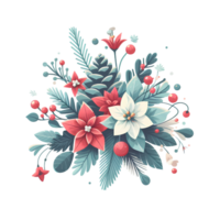 Generated ai, Christmas floral bouquet with poinsettia, holly berry, eucalyptus, fir branches, red berries. png
