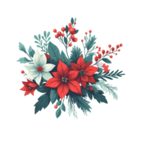 Generated ai, Christmas floral bouquet with poinsettia, holly berry, eucalyptus, fir branches, red berries. png