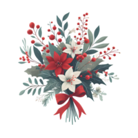 Generated ai, Christmas floral bouquet with poinsettia, holly berry, eucalyptus, fir branches, red berries. png