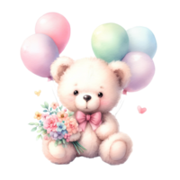 AI-Generated, Cute teddy bear with flowers and balloons. png