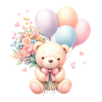 ai-gegenereerd, schattig teddy beer met bloemen en ballonnen. png