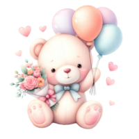 généré-ai, mignonne nounours ours avec cadeau boîte et des ballons png