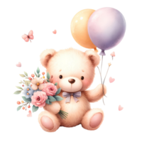 ai-genererad, söt teddy Björn med blommor och ballonger. png