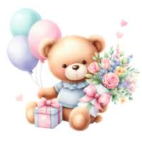 generierte-ai, süß Teddy Bär mit Geschenk Box und Luftballons png