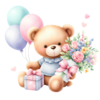 generado-ai, linda osito de peluche oso con regalo caja y globos png