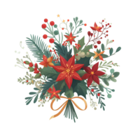 Generated ai, Christmas floral bouquet with poinsettia, holly berry, eucalyptus, fir branches, red berries. png