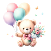 ai-gegenereerd, schattig teddy beer met bloemen en ballonnen. png