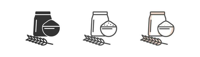 Wheat pack icon. Paper bag of bread flour, baking symbol. Healthy organic food, farming agriculture, eco product, soy, bean powder. Outline, flat and colored style icon. Vector illustration.