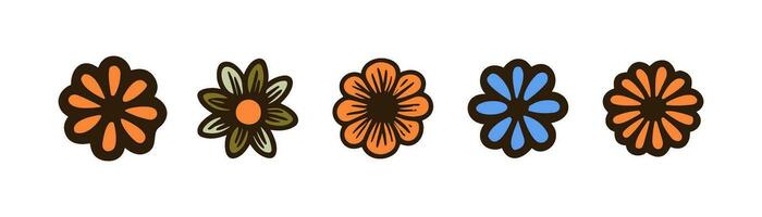 Retro groovy flowers icon set. Hippie style, vintage 70s vibes, peace concept. Flat vector illustration, EPS 10.