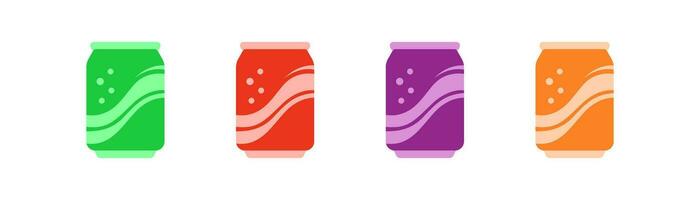 Soda in can icon set. Cold beverage symbol. Soda in colored aluminium cans, carbonated non alcoholic water with different flavors . Flat colored style icon for web design. Vector illustration.