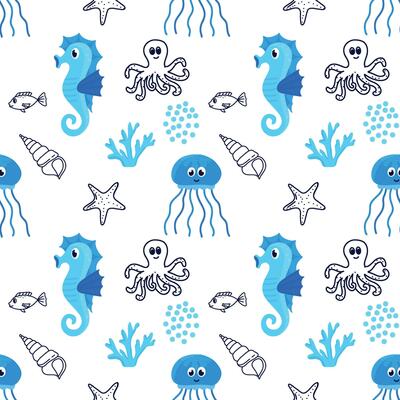 Seamless pattern with fish in the line style. Wrapping paper, textile, texture sea background
