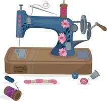 Sewing machine and supplies in cartoon style. Retro sewing vector