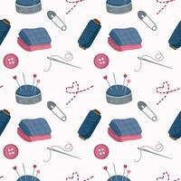 Seamless pattern with sewing tools elements, cartoon style. Wrap, fabric vector