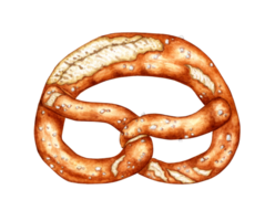 Watercolor illustration of a pretzel with salt. Traditional German pastry. Oktoberfest. For menu, banner, poster printing, recipes, labels, package design. Isolated png