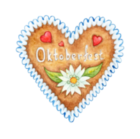 Watercolor illustration of a traditional Bavarian pastry, heart-shaped gingerbread. Oktoberfest isolated. For menus, banners, poster printing, recipes, labels, packaging design. png