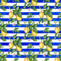 Watercolor illustration of a pattern of yellow lemons with green leaves and flowers on a blue striped background. Compositions for posters, postcards, banners, flyers, covers, posters and other print png