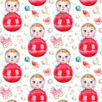 Watercolor illustration pattern of tumbler doll and soap bubbles. Vintage toy tumbler in a red outfit. Bent over doll isolated. Cliparts for posters, cards, banners, flyers png