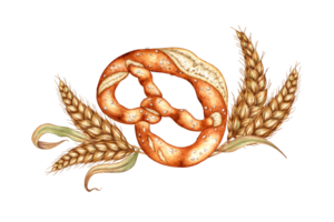 Watercolor illustration of a pretzel with salt and ears of wheat. Traditional German pastries. Oktoberfest isolated. For menus, banners, poster printing, recipes, labels, packaging design. png