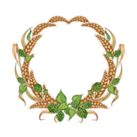 Watercolor illustration of a wreath of ripe dried wheat leaves and green hop cones. Round frame isolated. For menus, banners, poster printing, recipes, labels, packaging design. png