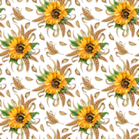 Watercolor floral illustration. Pattern of sunflowers, wheat ears and grains isolated . Design for advertising, beer festival, packaging, label, harvest festival. png