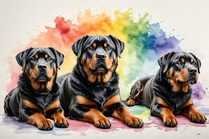 Set of dogs breed Rottweiler painted in realistic colorful rainbow watercolor on white background photo