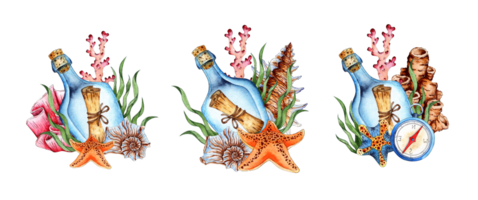 acuarela ilustración conjunto de botella con mensaje, algas, coral, estrella de mar y Brújula. tropical marina clipart. composición para el diseño de recuerdos, postales, carteles, pancartas, menús, etiquetas png