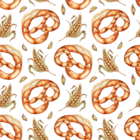 vattenfärg illustration av en mönster av pretzel och öron av vete. traditionell tysk bakverk. oktoberfest isolerat. för menyer, banderoller, affisch utskrift, recept, etiketter, förpackning design. png