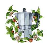 Watercolor illustration of a coffee maker, twigs, coffee beans and flowers. Hand drawn watercolor illustrations of drinks for greeting cards, logos, print. Design for making cappuccino. png