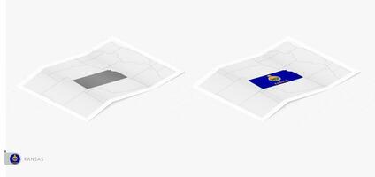 Set of two realistic map of Kansas with shadow. The flag and map of Kansas in isometric style. vector