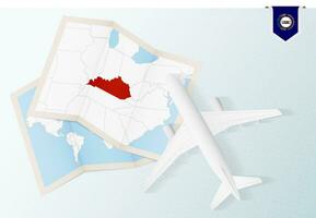 Travel to Kentucky, top view airplane with map and flag of Kentucky. vector