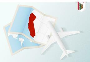 Travel to California, top view airplane with map and flag of California. vector