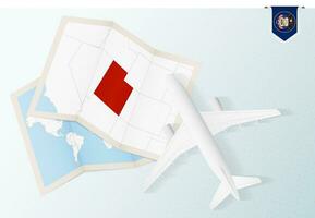 Travel to Utah, top view airplane with map and flag of Utah. vector