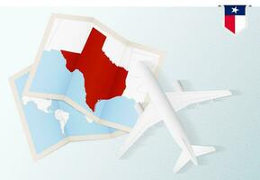 Travel to Texas, top view airplane with map and flag of Texas. vector