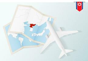 Travel to North Korea, top view airplane with map and flag of North Korea. vector