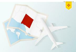 Travel to New Mexico, top view airplane with map and flag of New Mexico. vector