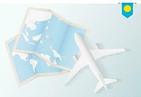 Travel to Palau, top view airplane with map and flag of Palau. vector